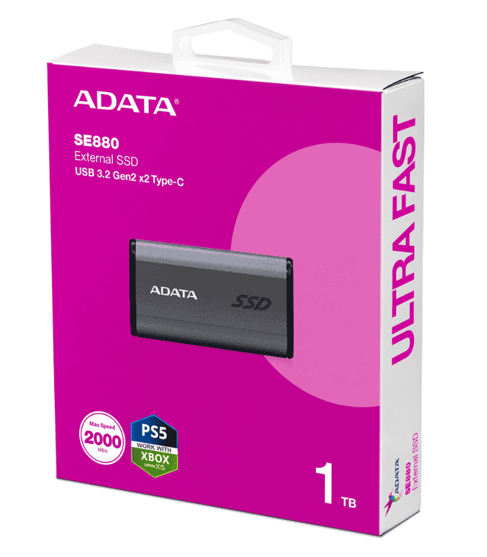 Adata SE880 1TB Pocket Size External SSD, USB 3.2 Gen2 Type-C/Type-A, Titanium Grey