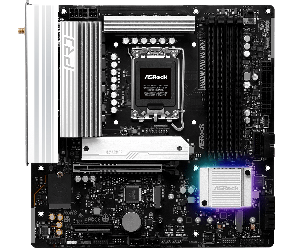 B860M Pro RS WiFi(L2) Asrock B860M PRO RS WIFI, Intel B860, 1851, Micro ATX, 4 DDR5, HDMI, DP, Wi-Fi 6E, 2.5G LAN, RGB, 3x M.2 - Image 2