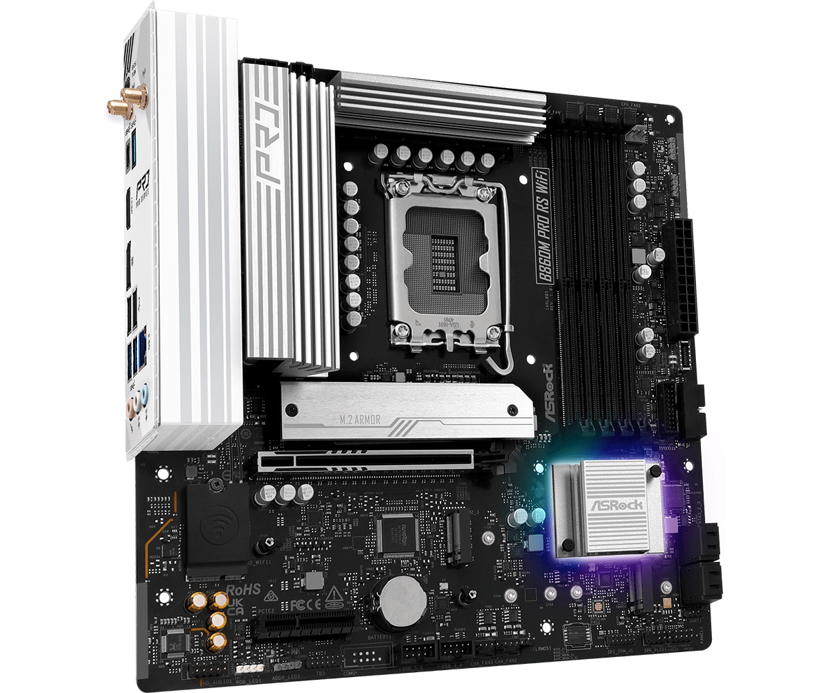 B860M Pro RS WiFi(L4) Asrock B860M PRO RS WIFI, Intel B860, 1851, Micro ATX, 4 DDR5, HDMI, DP, Wi-Fi 6E, 2.5G LAN, RGB, 3x M.2 - Image 3