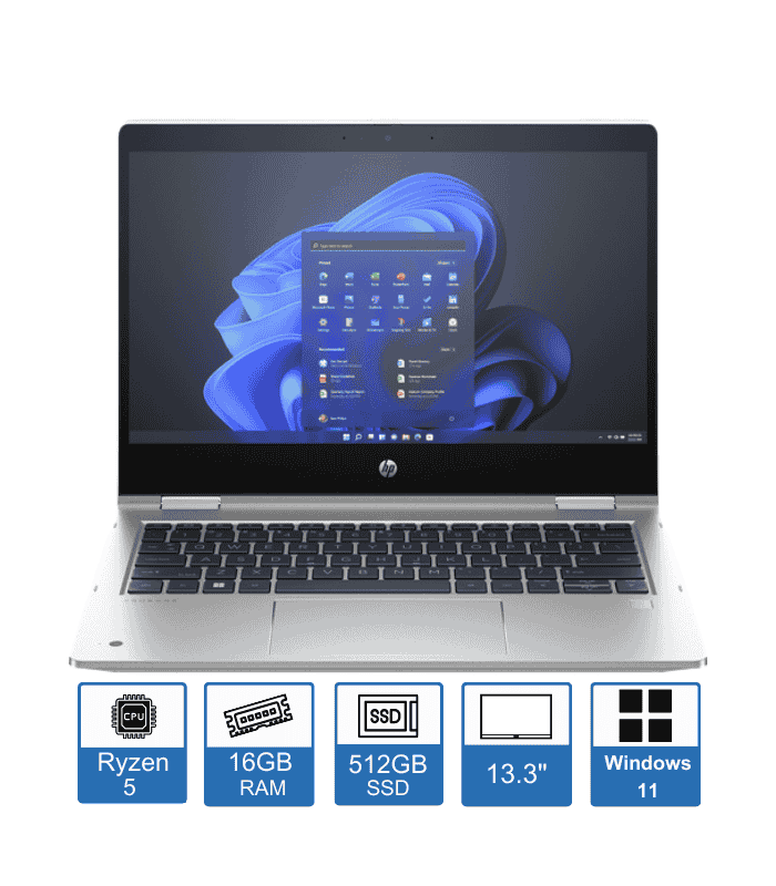 HP Pro 435 G10 – AMD Ryzen 5 7530U, 16GB RAM, 512GB SSD, x360 2-in-1 Touch, Windows 11 Pro, 1-Year Warranty