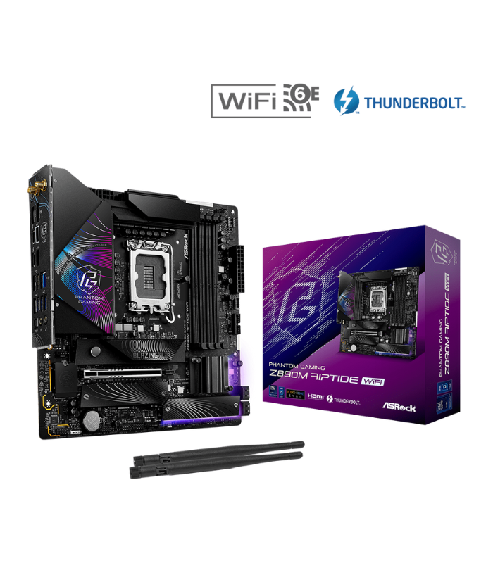 Asrock Z890M RIPTIDE WIFI, Intel Z890, 1851, Micro ATX, 4 DDR5, HDMI, DP, 2 TB4, Wi-Fi 6E, 2.5G LAN, RGB, 3x M.2