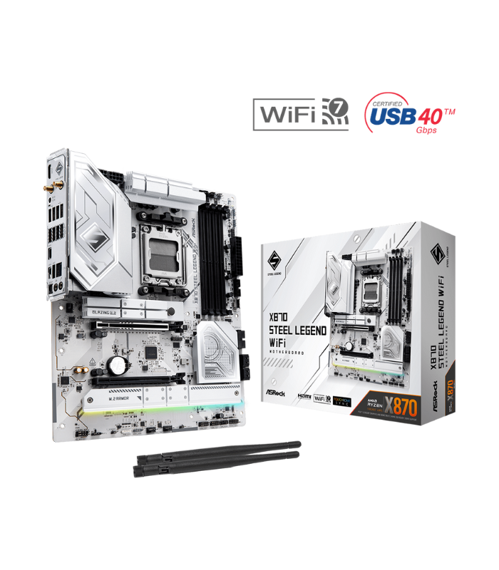 Asrock X870 STEEL LEGEND WIFI, AMD X870, AM5, ATX, 4 DDR5, HDMI, 2 USB4, Wi-Fi 7, 2.5G LAN, RGB, 3x M.2