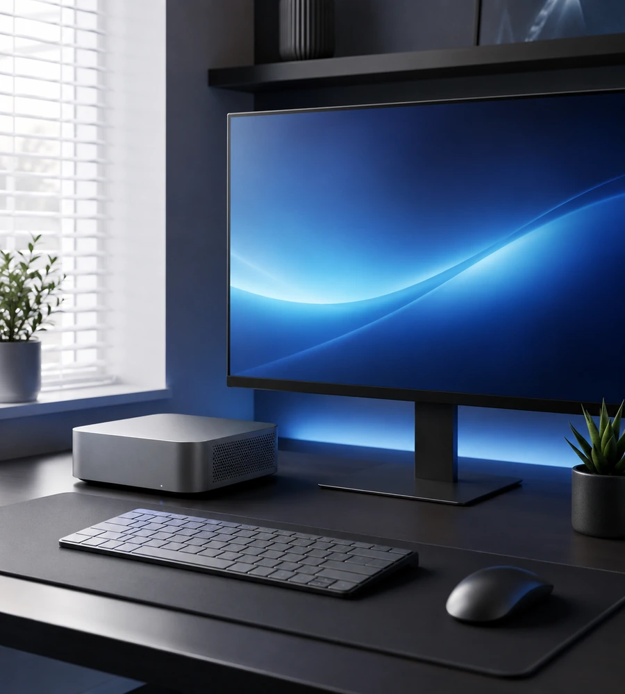 Compact mini PC setup for home office work in the UK