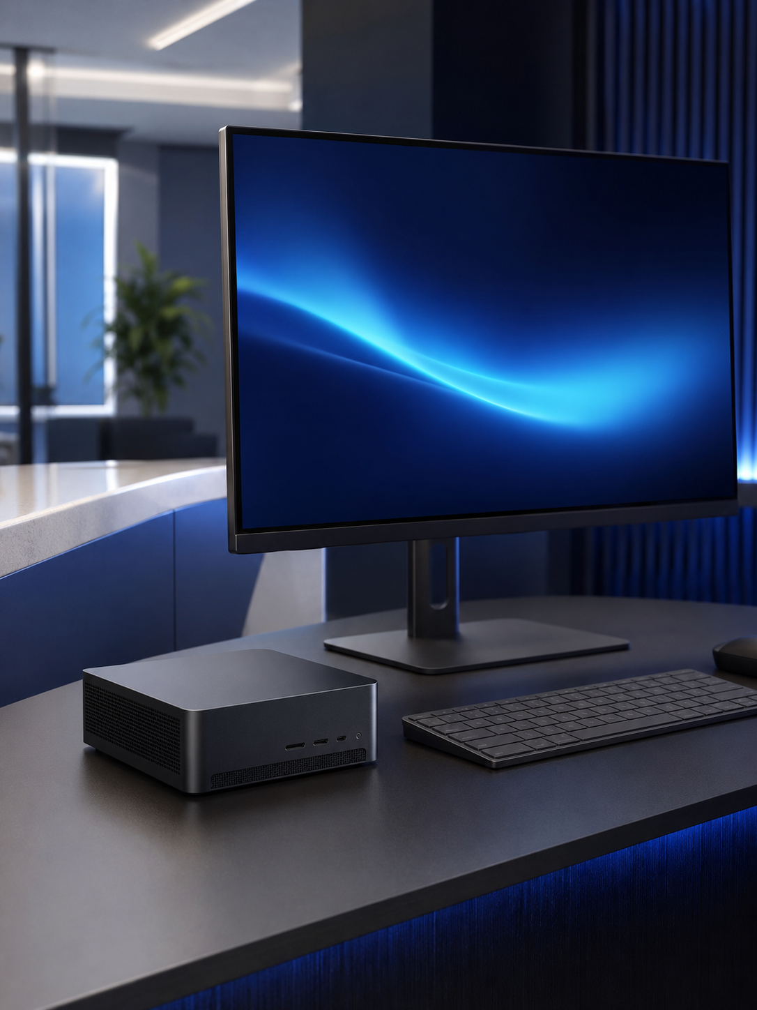 Business mini PC on a clean office desk with monitor and keyboard
