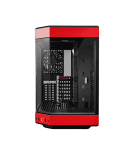 HYTE Y60 Red Black gaming PC case with panoramic tempered glass and dual chamber design