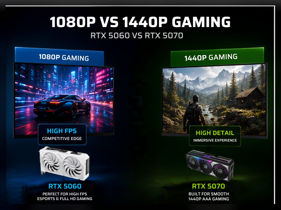 RTX 5060 vs RTX 5070 Gaming PC: Which Is the Best GPU for UK Gamers in 2026? 2 RTX 5060 1080p gaming compared with RTX 5070 1440p gaming
