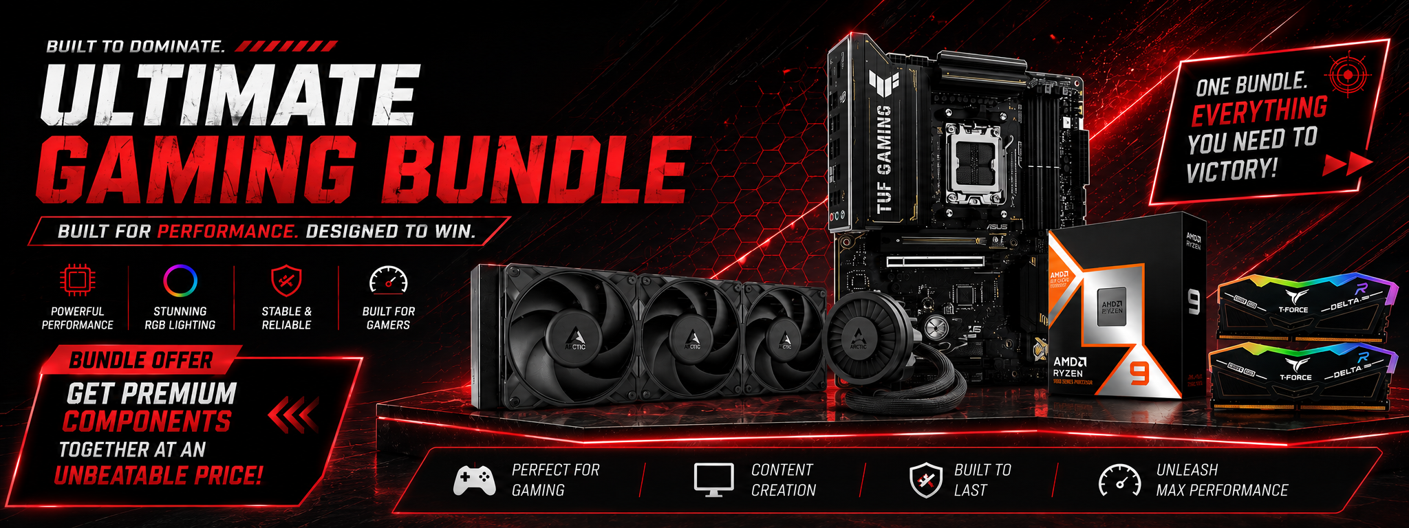 ASUS TUF B850 E ARCTIC Freezer 360 AIO TeamGroup Delta 32GB DDR5 6000MHz RAM Ryzen 9 9900X3D CPU 3 1
