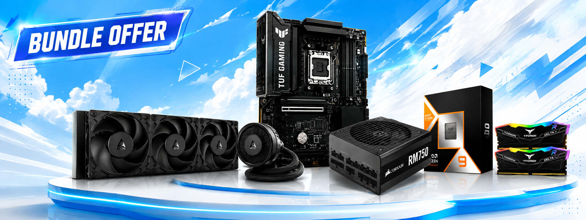 Bundle offer, ASUS TUF B850-E, ARCTIC Freezer 360 AIO, Corsair RM750 750W 80+ Gold PSU, TeamGroup Delta 32GB DDR5 6000MHz RAM & Ryzen 9 9900X3D CPU 1 ASUS TUF B850 E ARCTIC Freezer 360 AIO