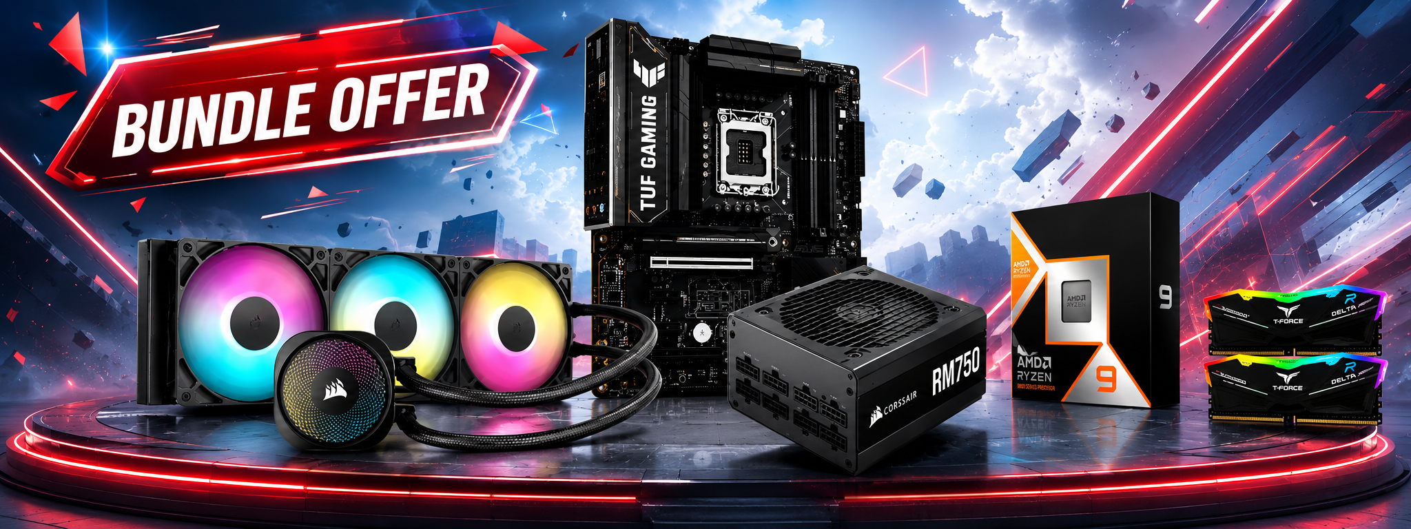 ASUS TUF B850 E Corsair 360mm AIO Corsair RM750 750W 80 Gold PSU TeamGroup 32GB DDR5 RAM AMD Ryzen 9 9900X3D 2 1