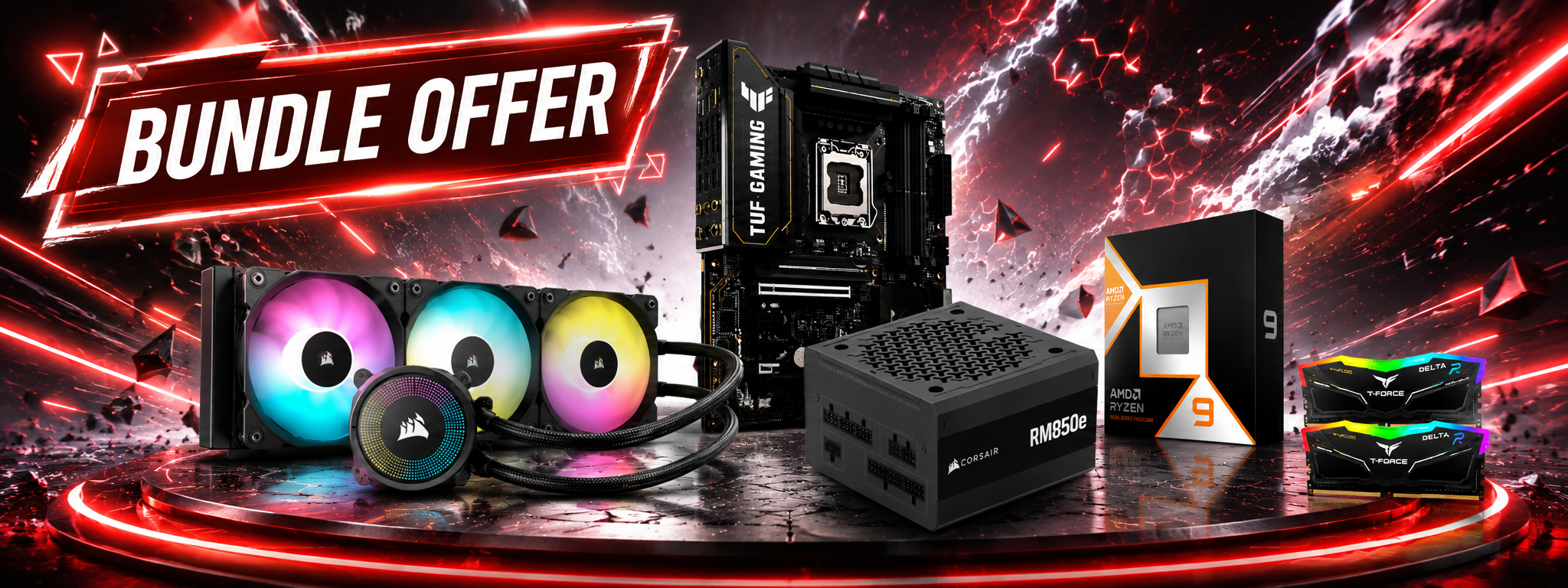 Bundle Offer: ASUS TUF B850-E, Corsair 360mm AIO, Corsair RM850e 850W ATX 3.1 80+ Gold PSU, TeamGroup 32GB DDR5 RAM & AMD Ryzen 9 9900X3D 1 ASUS TUF B850-E, Corsair 360mm AIO, Corsair RM850e 850W ATX 3.1 80+ Gold PSU, TeamGroup 32GB DDR5 RAM & AMD Ryzen 9 9900X3D