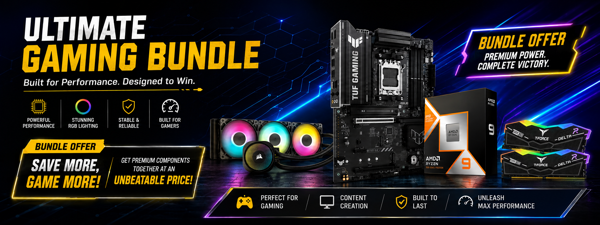 Bundle Offer ASUS TUF B850-E, Corsair 360mm AIO, TeamGroup 32GB DDR5 RAM & AMD Ryzen 9 9900X3D